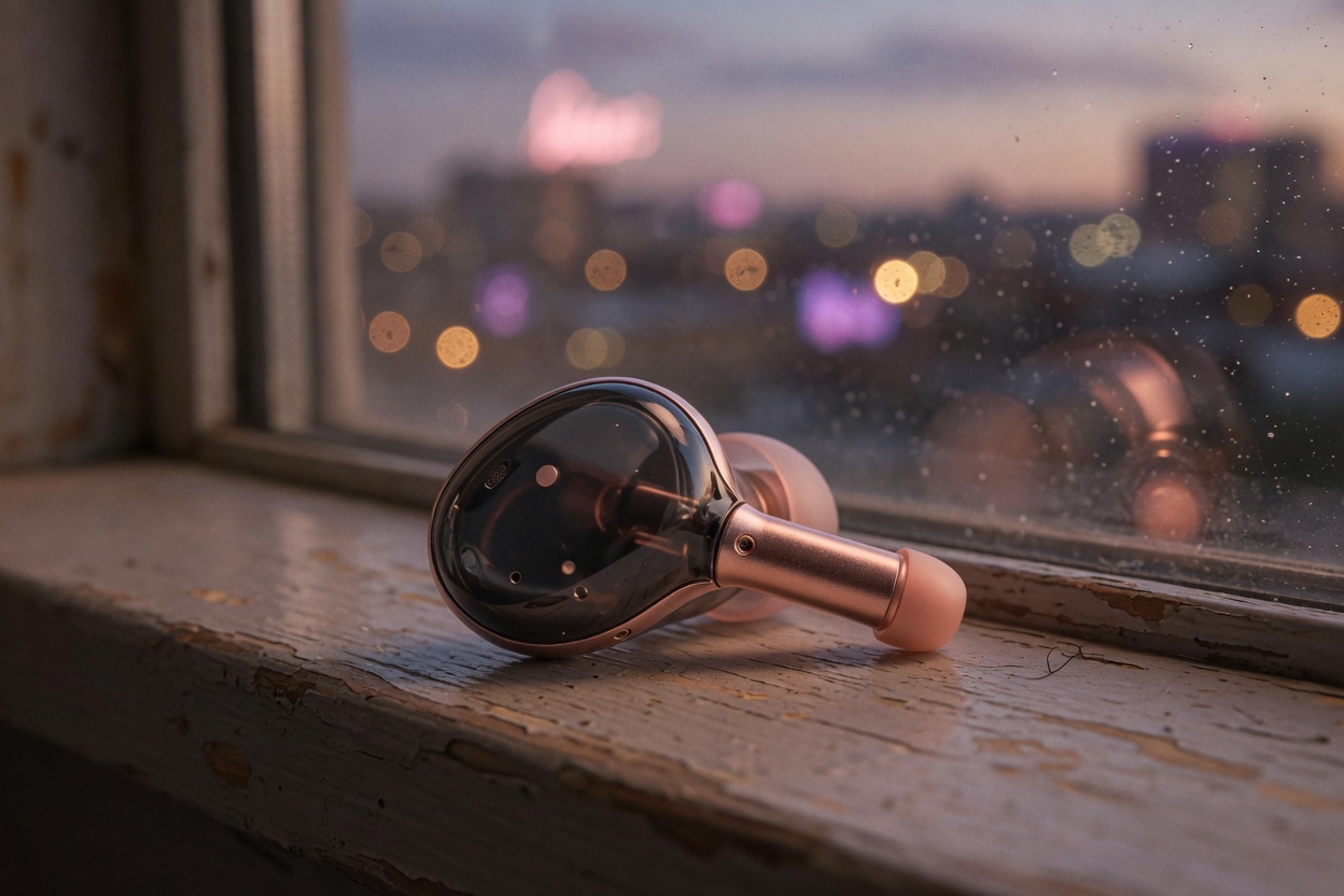 A small rose-gold earpiece on a worn windowsill, city lights behind it.